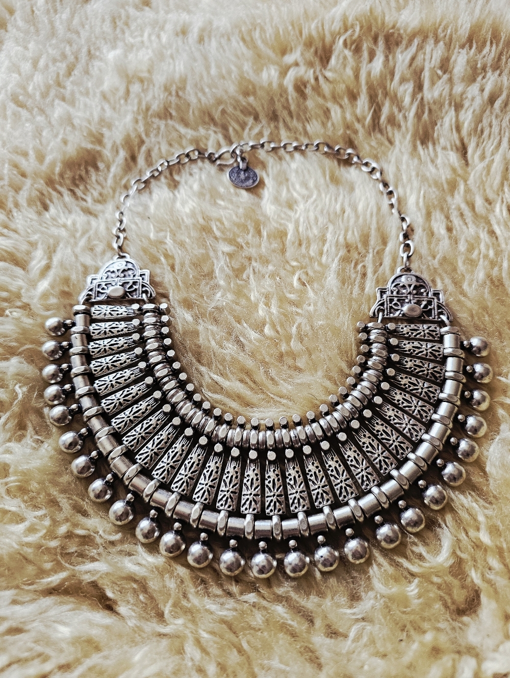 Cleopatra Statement Collar Necklace Zamak Silver Bib Fringe Boho Arabic Tribal